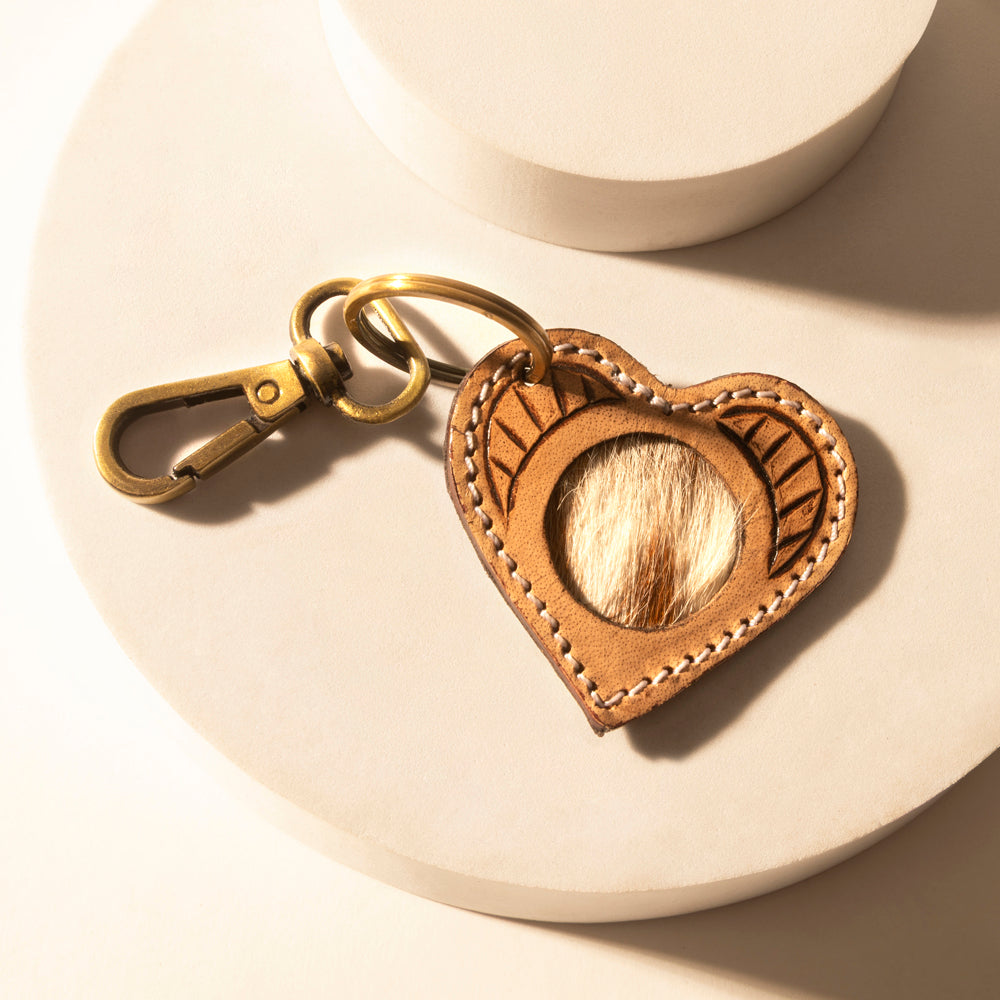 Myra Moonhide Heart Western Key Fob in light brown with hairon detail